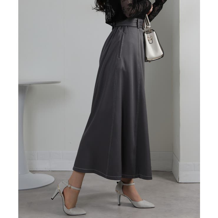 配色ステッチ サイドスリット ベルト付ロングスカート | Pumpkin  Port | 詳細画像17 