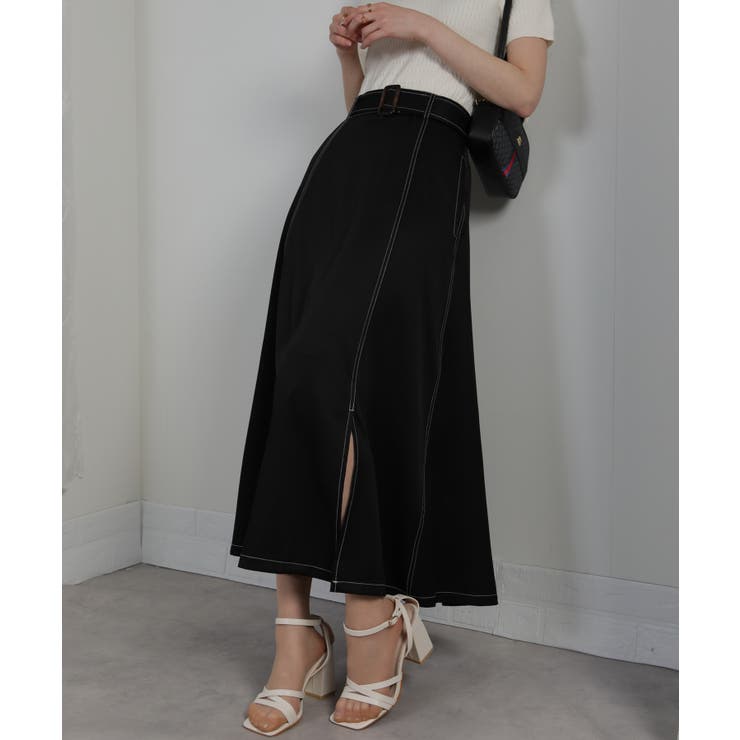 配色ステッチ サイドスリット ベルト付ロングスカート | Pumpkin  Port | 詳細画像2 