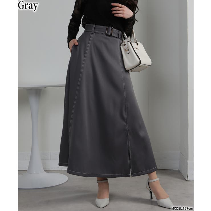 グレー | 配色ステッチ サイドスリット ベルト付ロングスカート | Pumpkin  Port