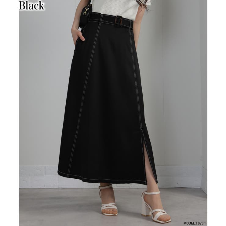 ブラック | 配色ステッチ サイドスリット ベルト付ロングスカート | Pumpkin  Port