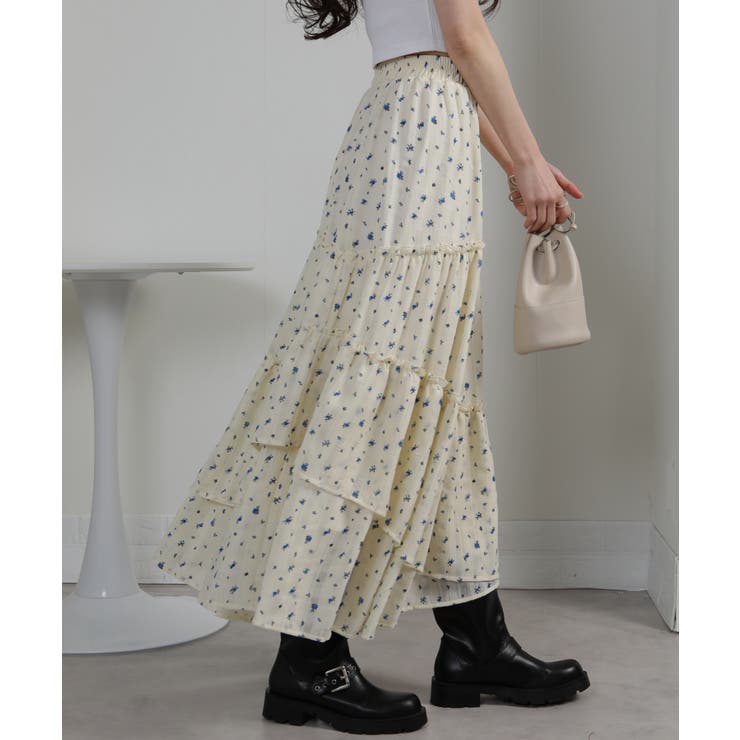 シアーチェック×小花柄ティアードロングスカート | Pumpkin  Port | 詳細画像4 