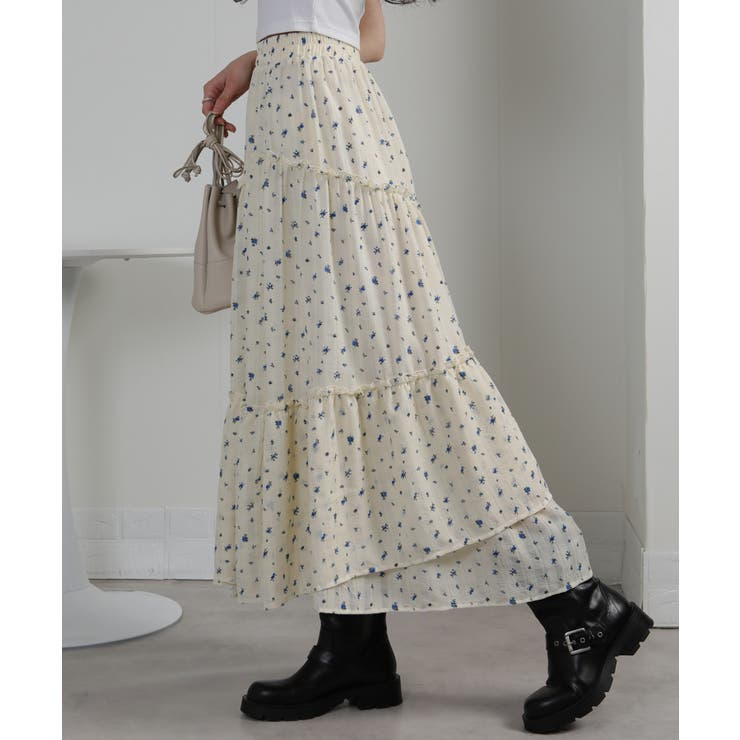 シアーチェック×小花柄ティアードロングスカート | Pumpkin  Port | 詳細画像5 