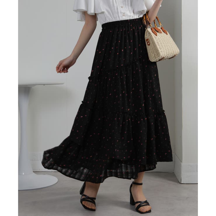 シアーチェック×小花柄ティアードロングスカート | Pumpkin  Port | 詳細画像9 