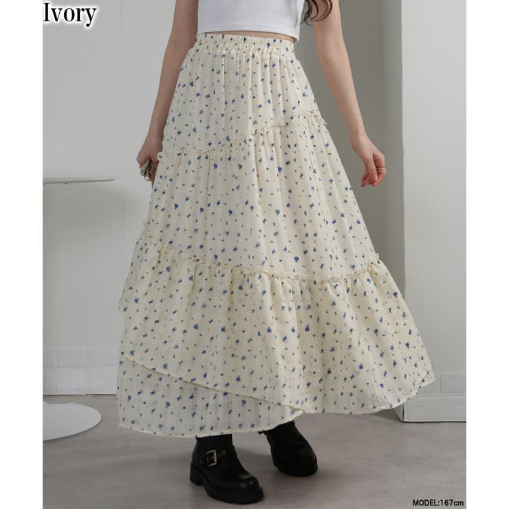 アイボリー | シアーチェック×小花柄ティアードロングスカート | Pumpkin  Port