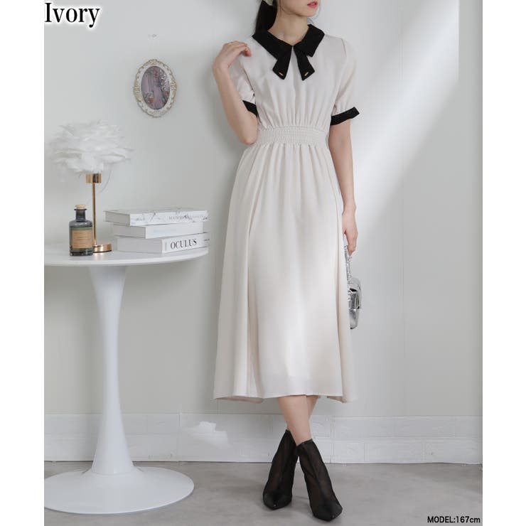 アイボリー | レースリボン襟 ゴールドプレート付 半袖 ワンピース | Pumpkin  Port