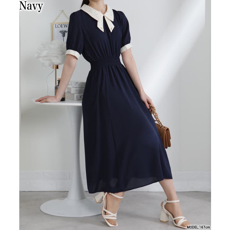 ネイビー | レースリボン襟 ゴールドプレート付 半袖 ワンピース | Pumpkin  Port