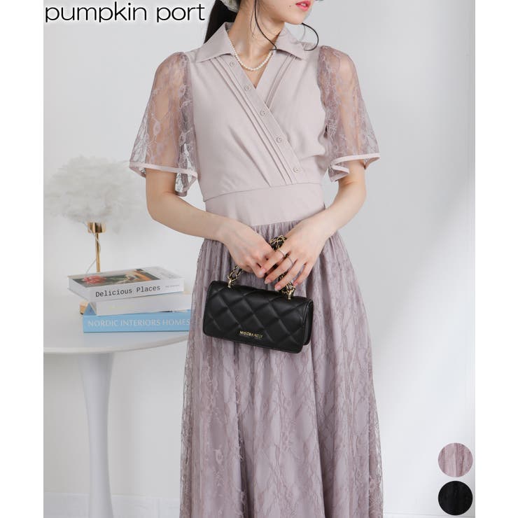 カシュクールデザインレースフレア袖ドッキングワンピース | Pumpkin  Port | 詳細画像1 