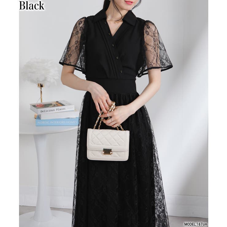 ブラック | カシュクールデザインレースフレア袖ドッキングワンピース | Pumpkin  Port