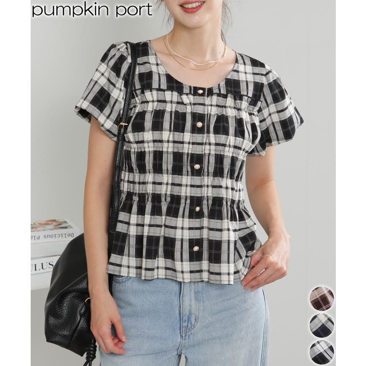 シャーリングデザインゴールドボタン半袖ブラウス | Pumpkin  Port | 詳細画像1 