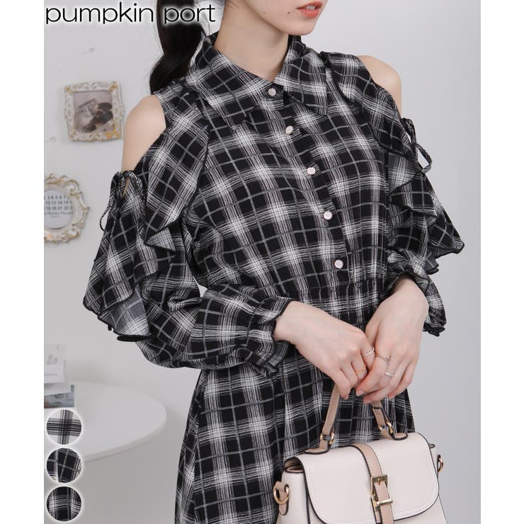 フリル袖デザイン チェック柄ティアードロングワンピース | Pumpkin  Port | 詳細画像1 