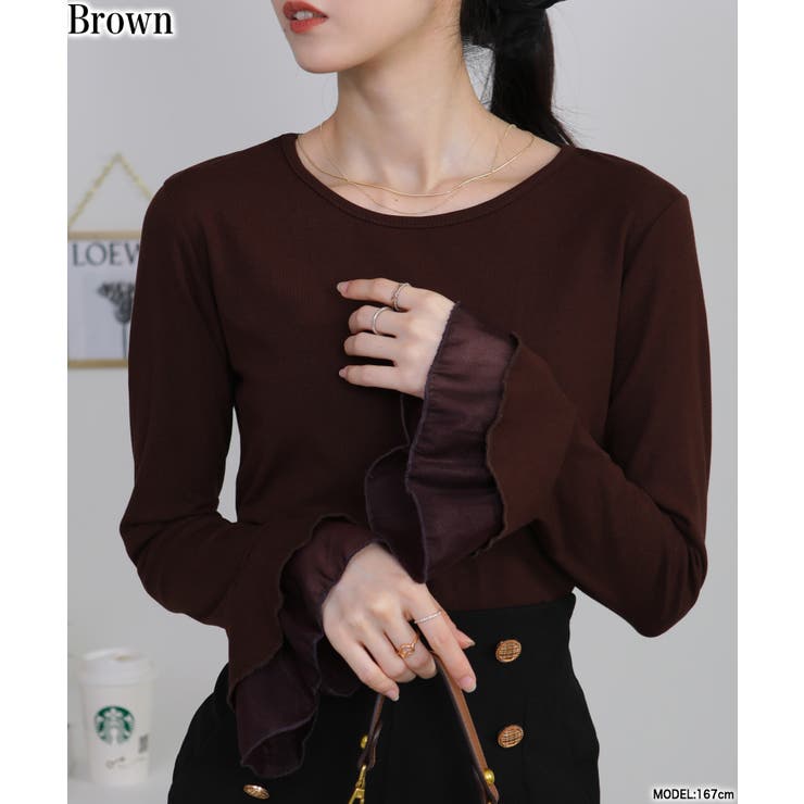 ブラウン | 袖口フレア クルーネック長袖Tシャツ | Pumpkin  Port