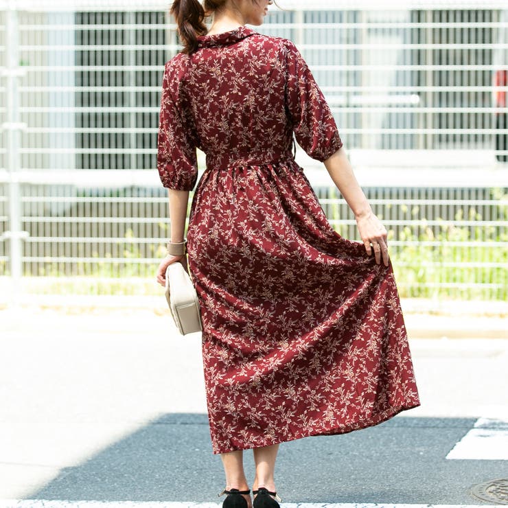 デシン花柄前あき開襟ガウン5分ボリュームスリーブロングワンピース