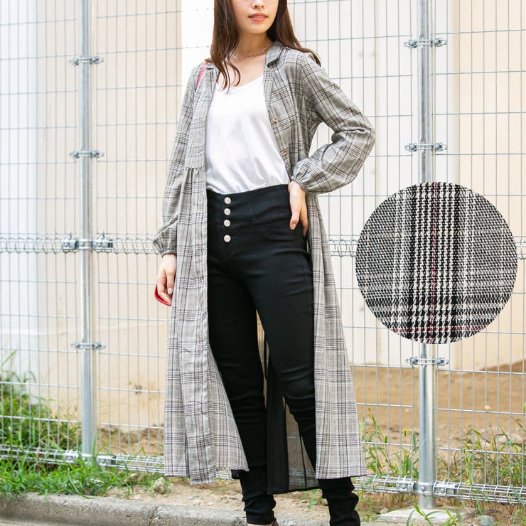 グレンチェック BACKプリーツ共生地ベルト付き開襟ガウンワンピース