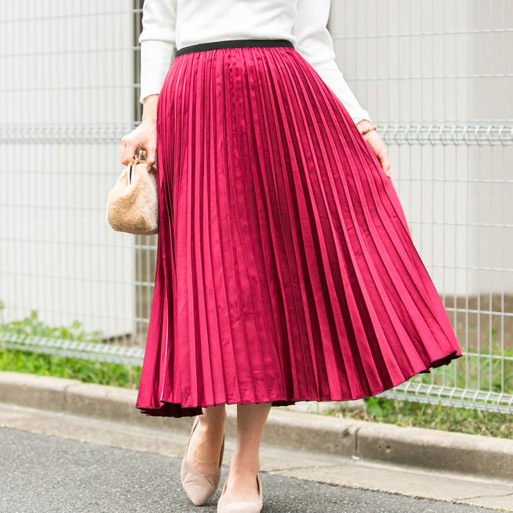 肉厚サテン ロングプリーツスカート[品番：PPNW0000846