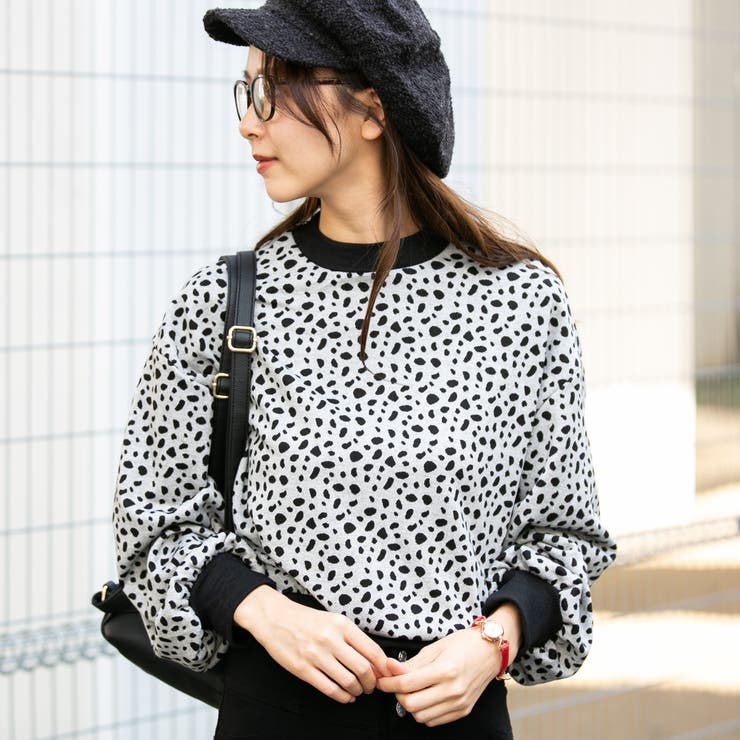 ジャガードニット ダルメシアン柄プチハイネックボリューム長袖