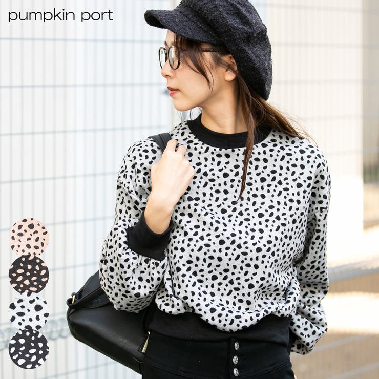 ジャガードニット ダルメシアン柄プチハイネックボリューム長袖