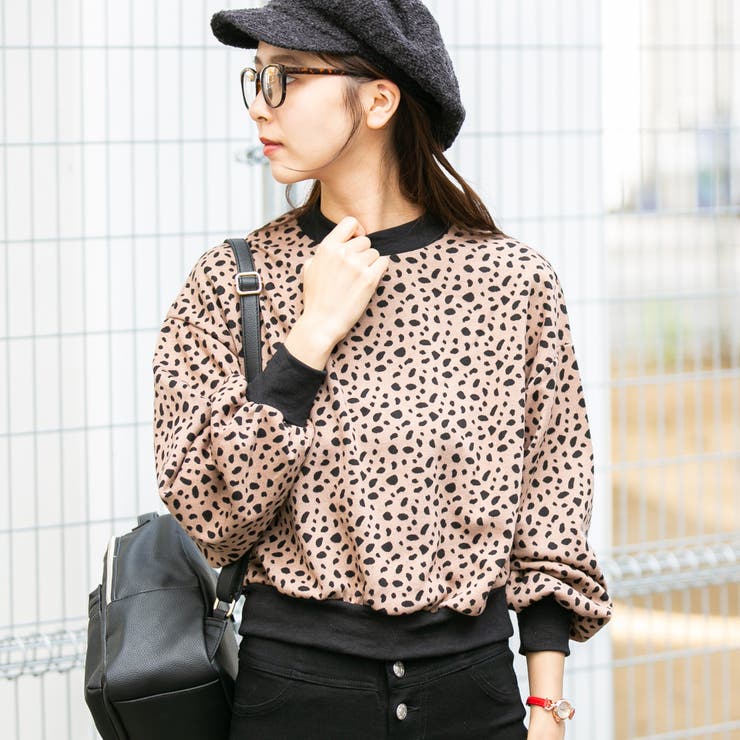 ジャガードニット ダルメシアン柄プチハイネックボリューム長袖プル