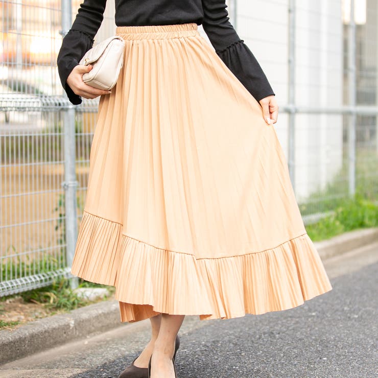 肉厚ジョーゼット イレギュラーヘム 2段プリーツロングスカート[品番