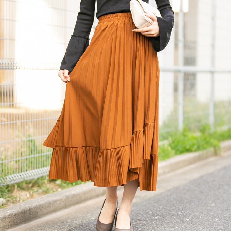 肉厚ジョーゼット イレギュラーヘム 2段プリーツロングスカート[品番