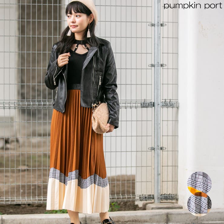 肉厚ジョーゼット チェック切り替え配色ロングプリーツスカート[品番