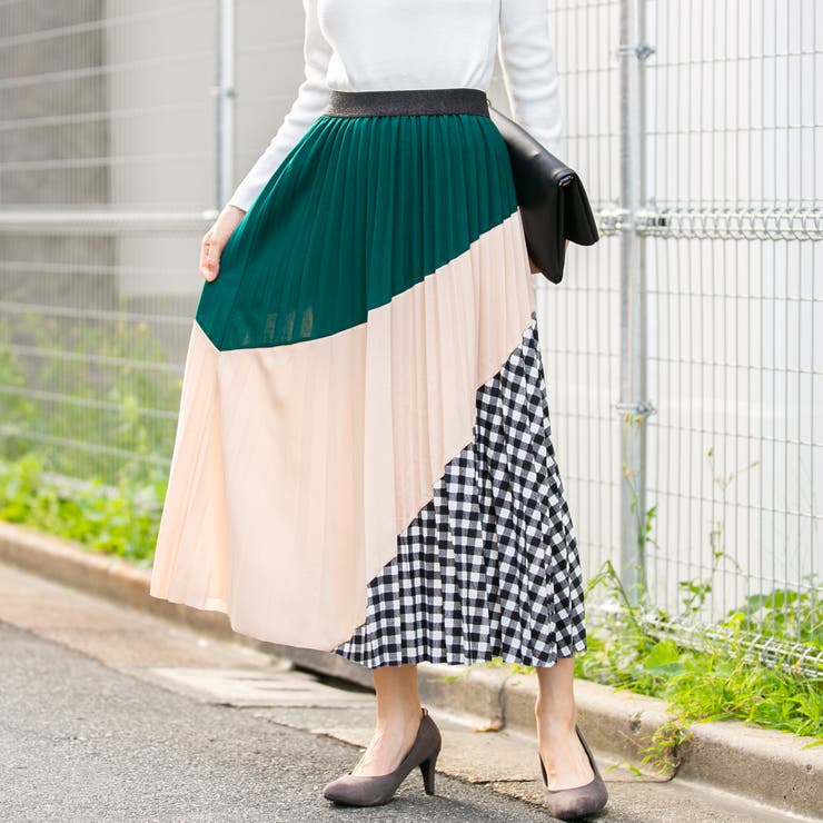肉厚ジョーゼット バイアス3色プリーツロングスカート[品番