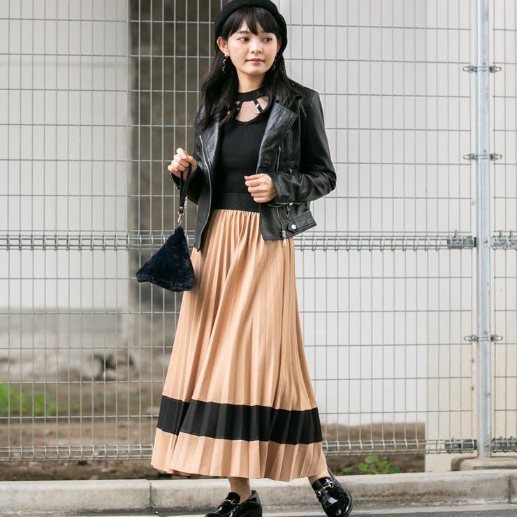 ポンチ配色 ロングプリーツスカート[品番：PPNW0000925