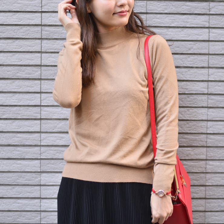 ベージュ | ソフト天竺ニット ハイネック長袖プルオーバー | Pumpkin  Port