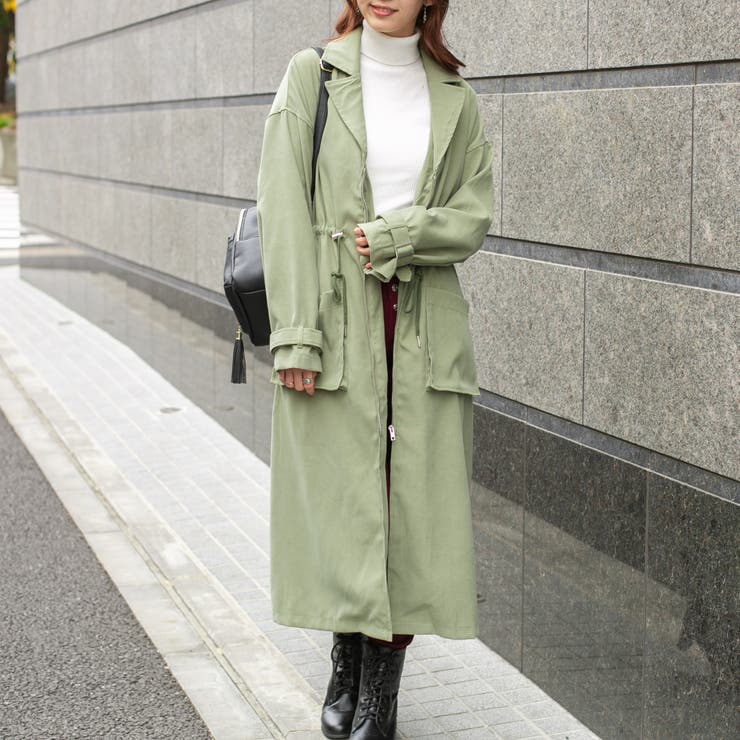 カーキ | ポリエステルピーチ ドローストリングテーラードロングコート | Pumpkin  Port