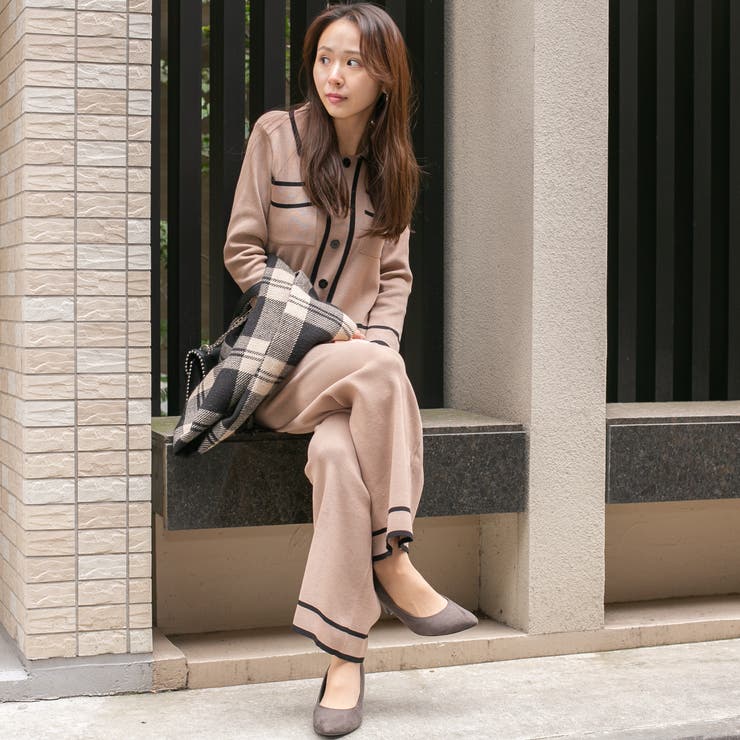 ニットライン配色セットアップパンツスーツ[品番：PPNW0001195