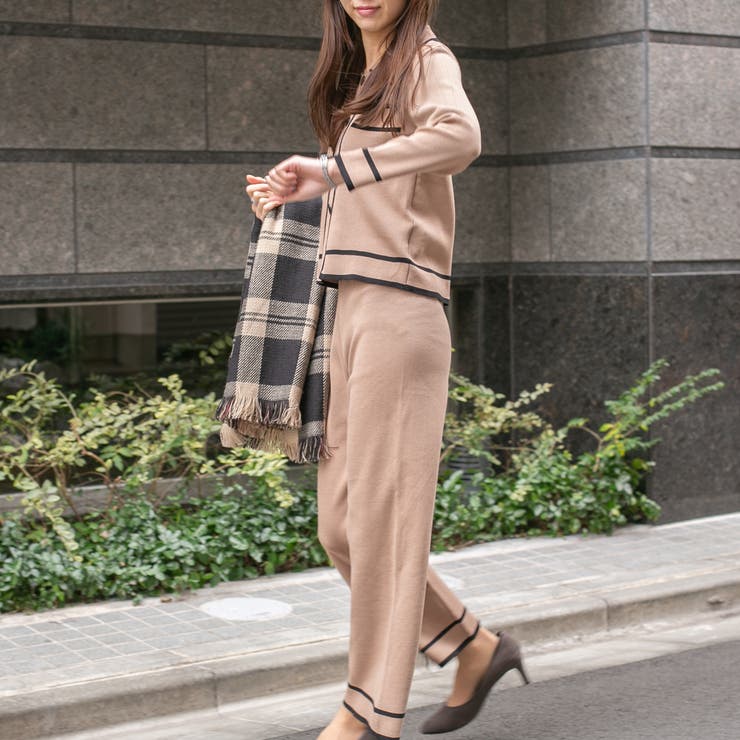 ニットライン配色セットアップパンツスーツ[品番：PPNW0001195