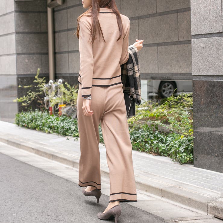 ニットライン配色セットアップパンツスーツ[品番：PPNW0001195
