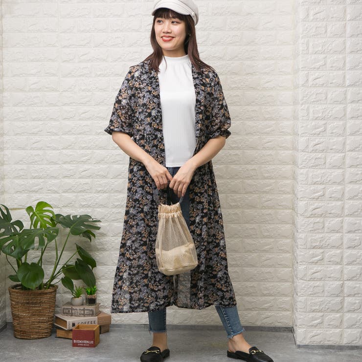シフォン花柄 開襟 ガウンロングワンピース[品番：PPNW0001807