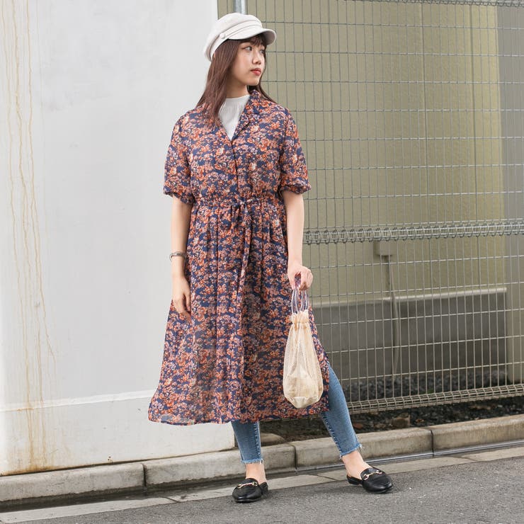シフォン花柄 開襟 ガウンロングワンピース[品番：PPNW0001807