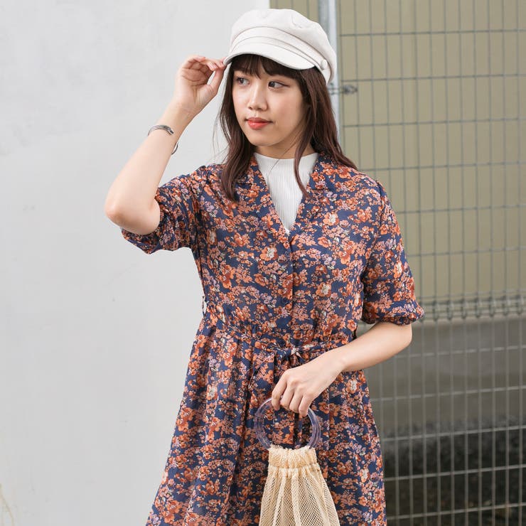 シフォン花柄 開襟 ガウンロングワンピース[品番：PPNW0001807