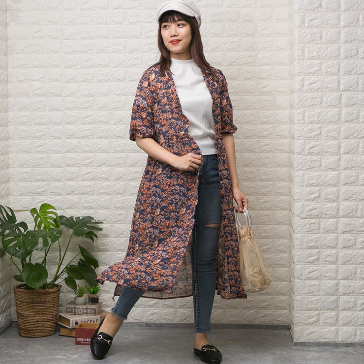 シフォン花柄 開襟 ガウンロングワンピース[品番：PPNW0001807