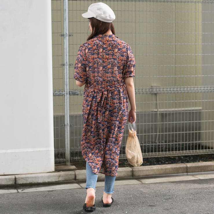シフォン花柄 開襟 ガウンロングワンピース[品番：PPNW0001807