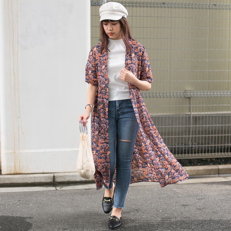 シフォン花柄 開襟 ガウンロングワンピース[品番：PPNW0001807