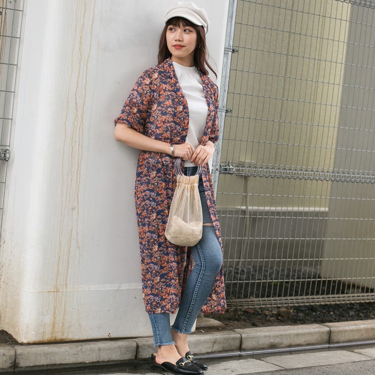 シフォン花柄 開襟 ガウンロングワンピース[品番：PPNW0001807