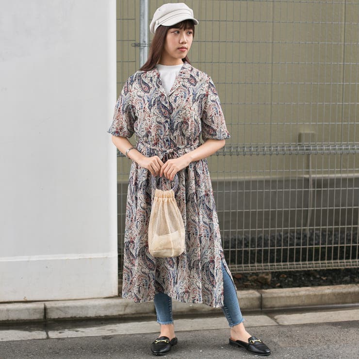 シフォンペイズリー柄 開襟 ガウンロングワンピース[品番