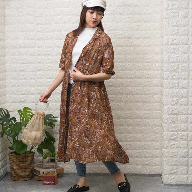 シフォンペイズリー柄 開襟 ガウンロングワンピース[品番