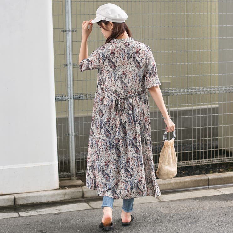 シフォンペイズリー柄 開襟 ガウンロングワンピース[品番：PPNW0001808