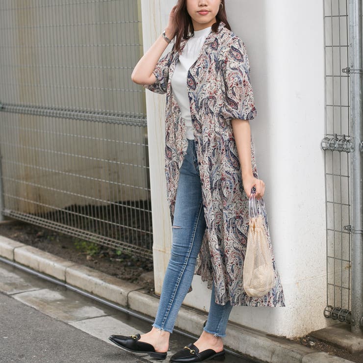 シフォンペイズリー柄 開襟 ガウンロングワンピース[品番