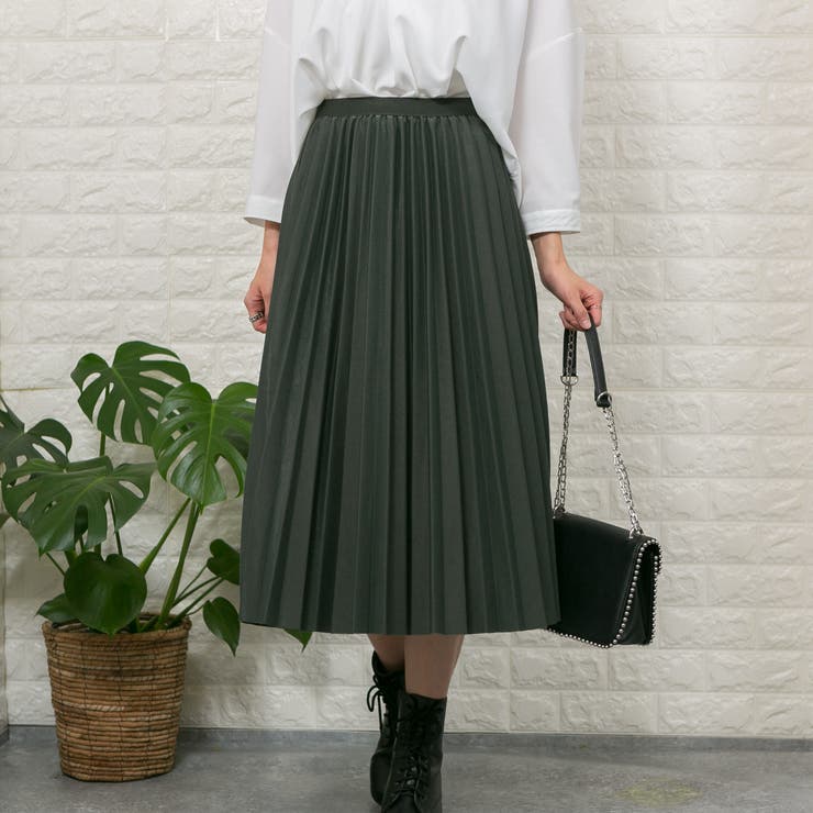 光沢入り中肉ポンチ ウエストゴム仕様 ロングプリーツスカート[品番