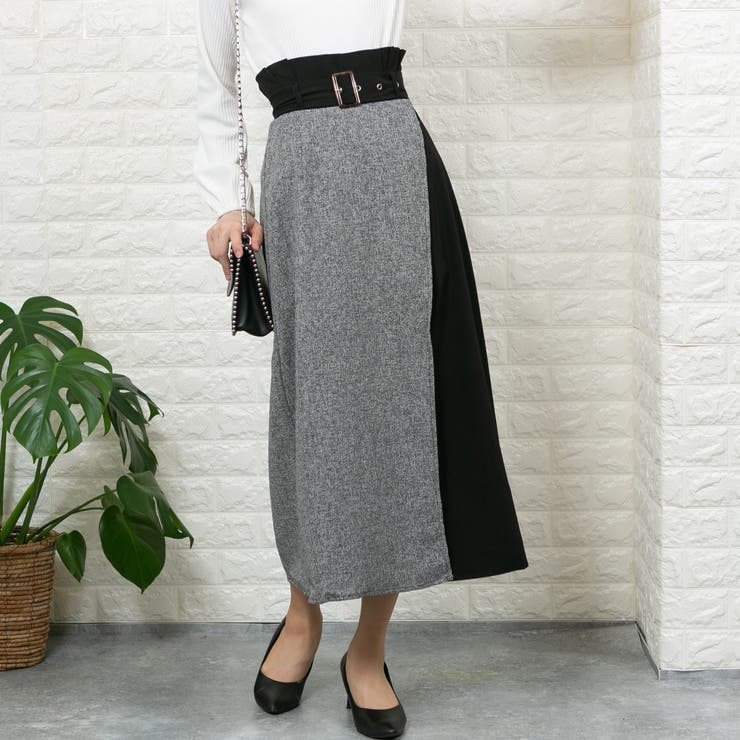 ツイード+無地ツイル 共生地ベルト付きハイウエスト中ショートパンツ