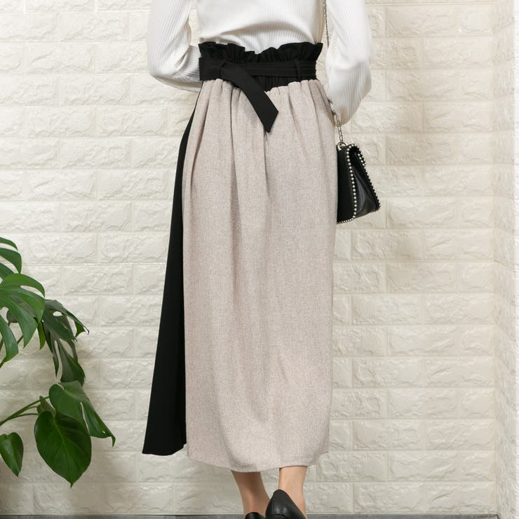 ツイード+無地ツイル 共生地ベルト付きハイウエスト中ショートパンツ