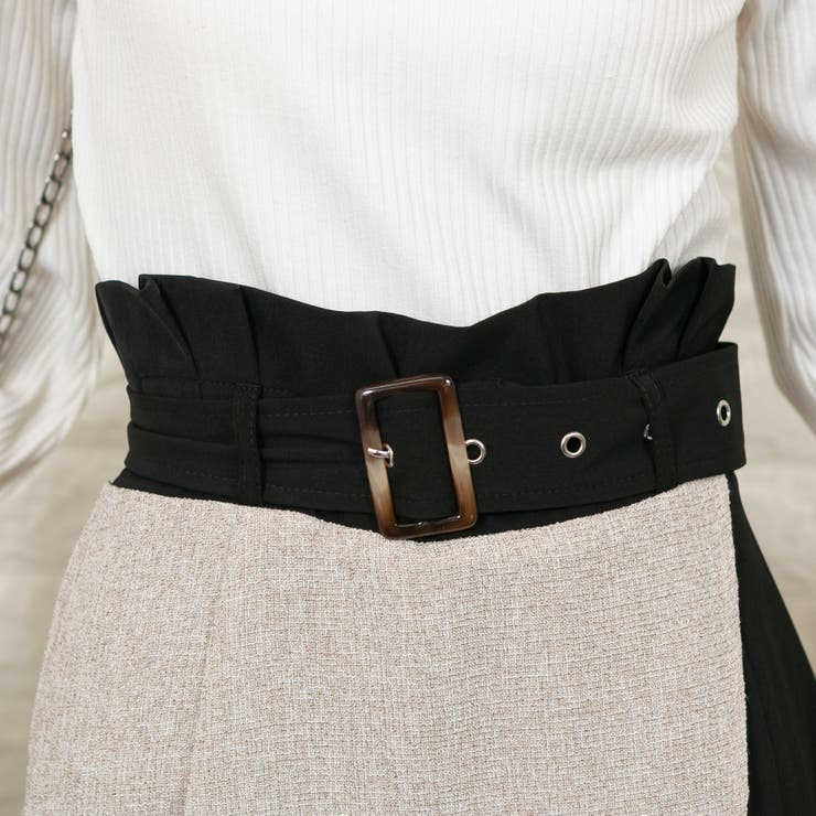 ツイード+無地ツイル 共生地ベルト付きハイウエスト中ショートパンツ