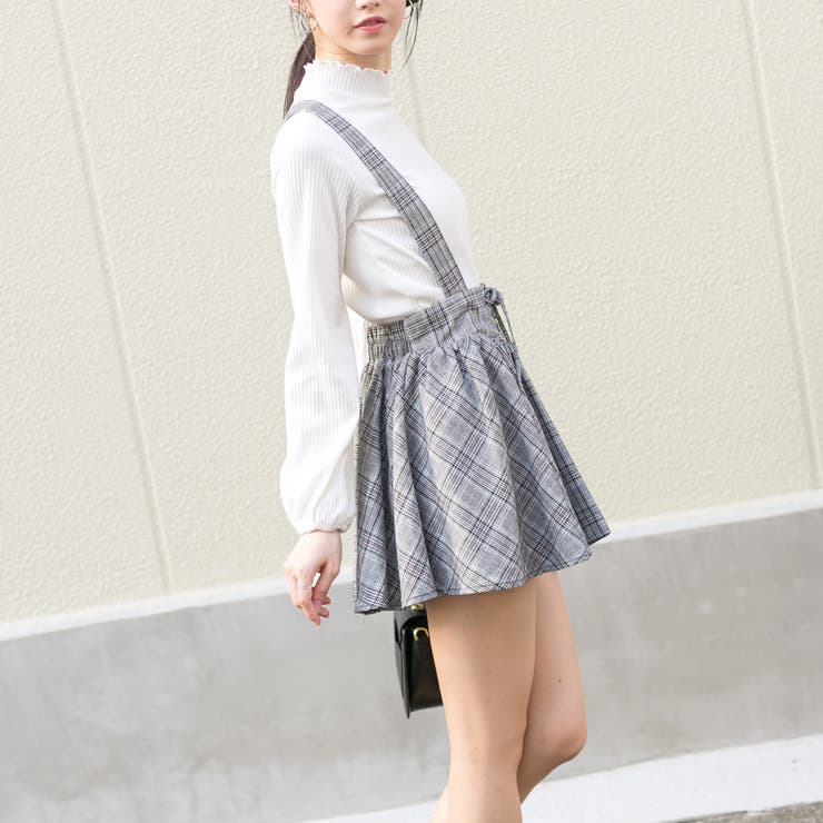 チェック サスペンダー付き ミニフレアスカート（スカパン）[品番