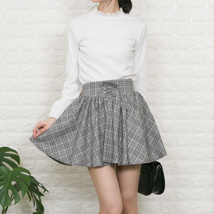 チェック サスペンダー付き ミニフレアスカート（スカパン）[品番