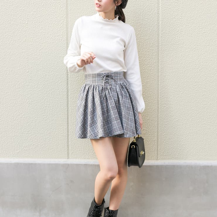 チェック サスペンダー付き ミニフレアスカート（スカパン）[品番