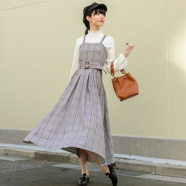 チェック W肩ひも 共生地ベルト付きハイウエス トロングワンピース